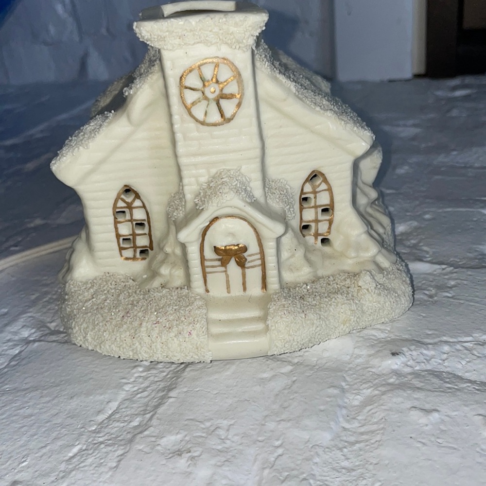 Albert Price, church, lighted, Christmas village